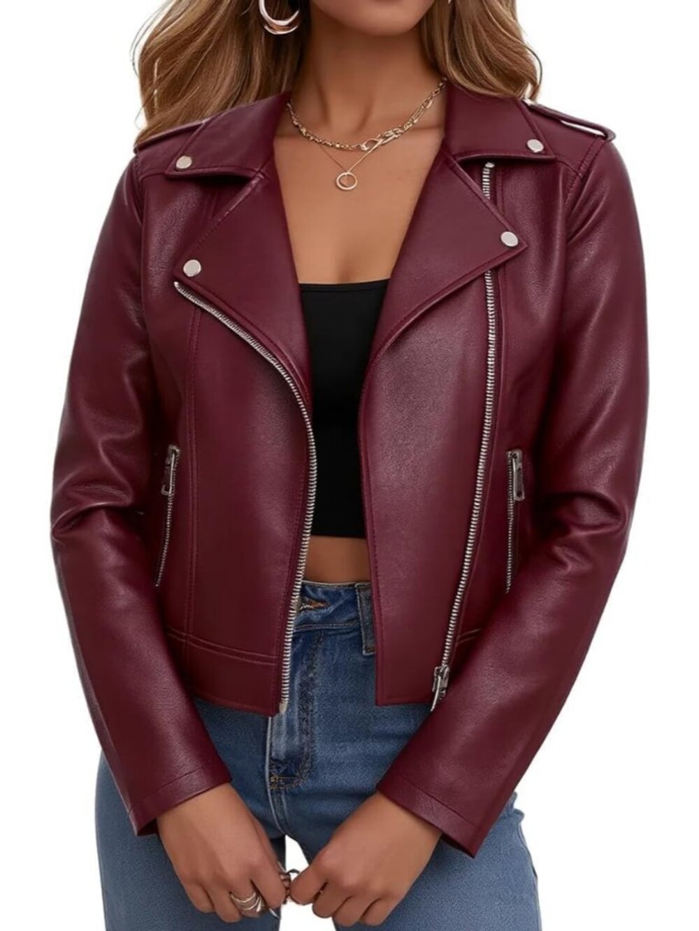 Women's Maroon Leather Jacket Faux Cropped Coat Cute Short Zip Up for Casual